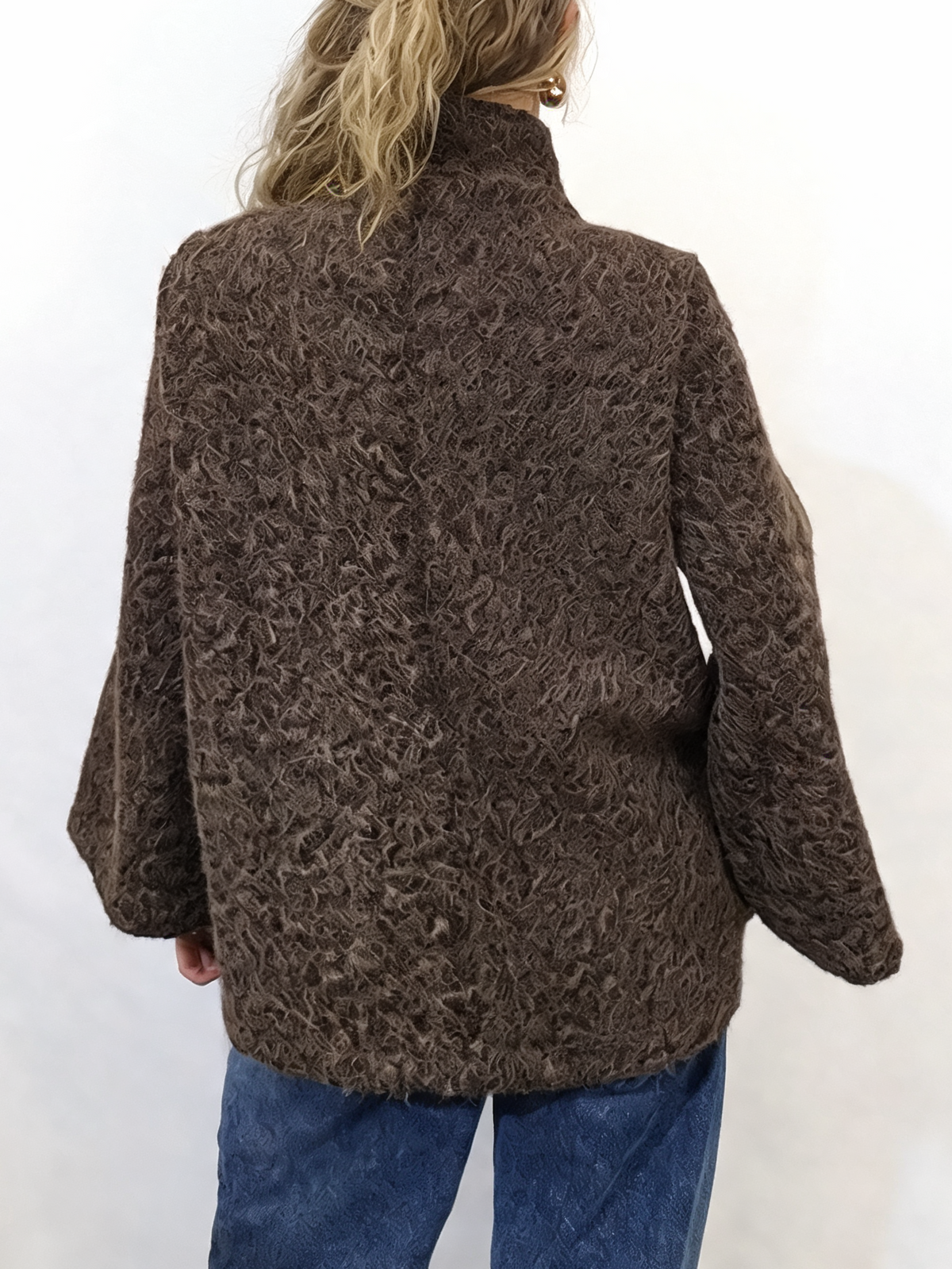 Women’s textured teddy swing coat, chocolate brown back view, stand collar, roomy sleeves