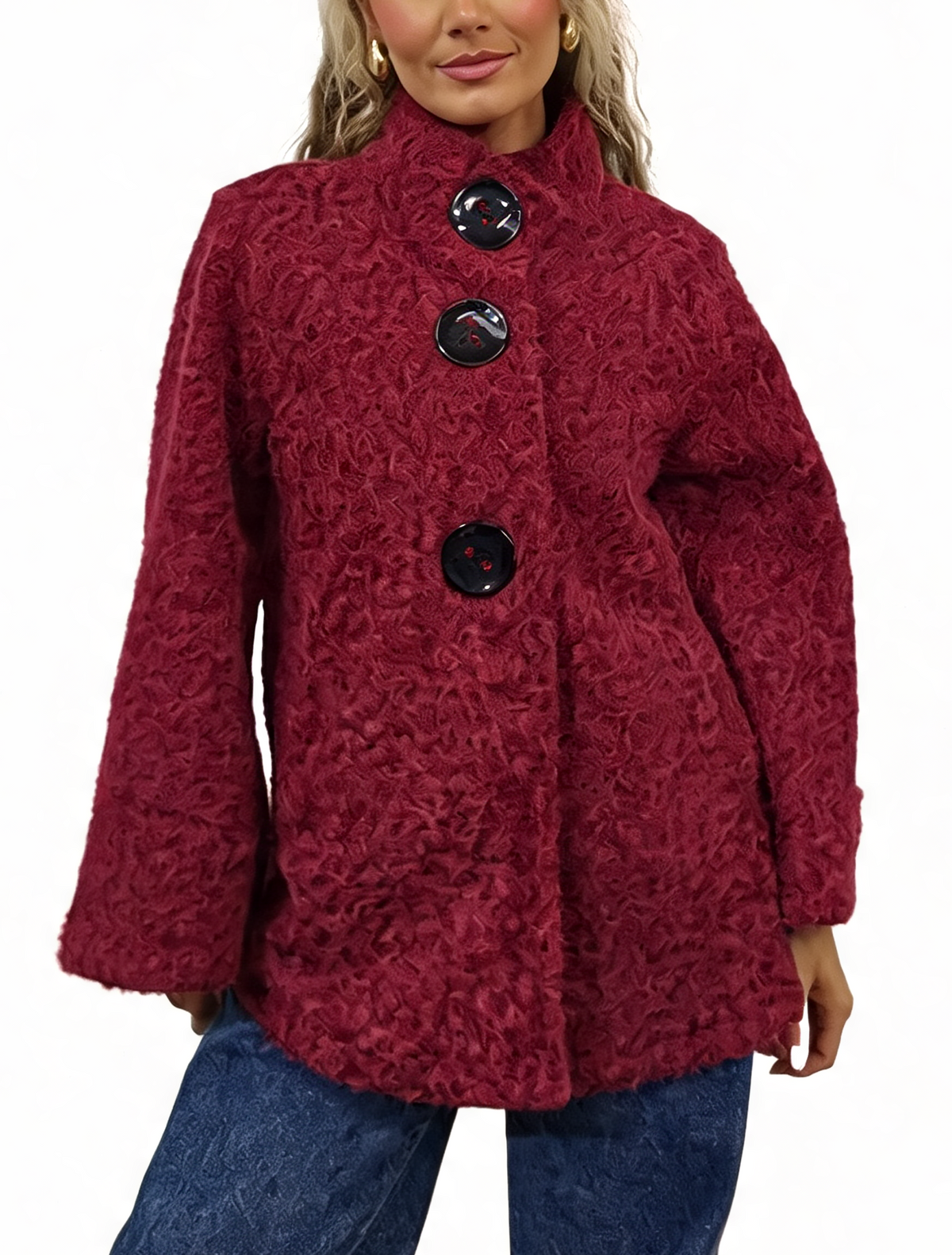Burgundy textured teddy swing coat with funnel neck and large round buttons
