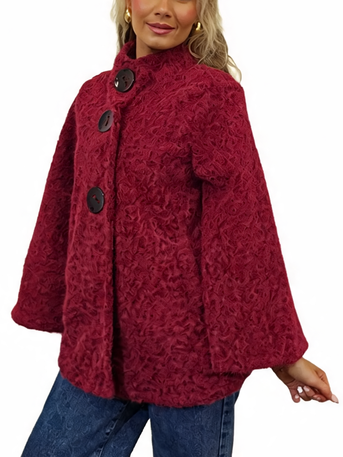 Women’s textured teddy swing coat, burgundy red, funnel neck, oversized button front