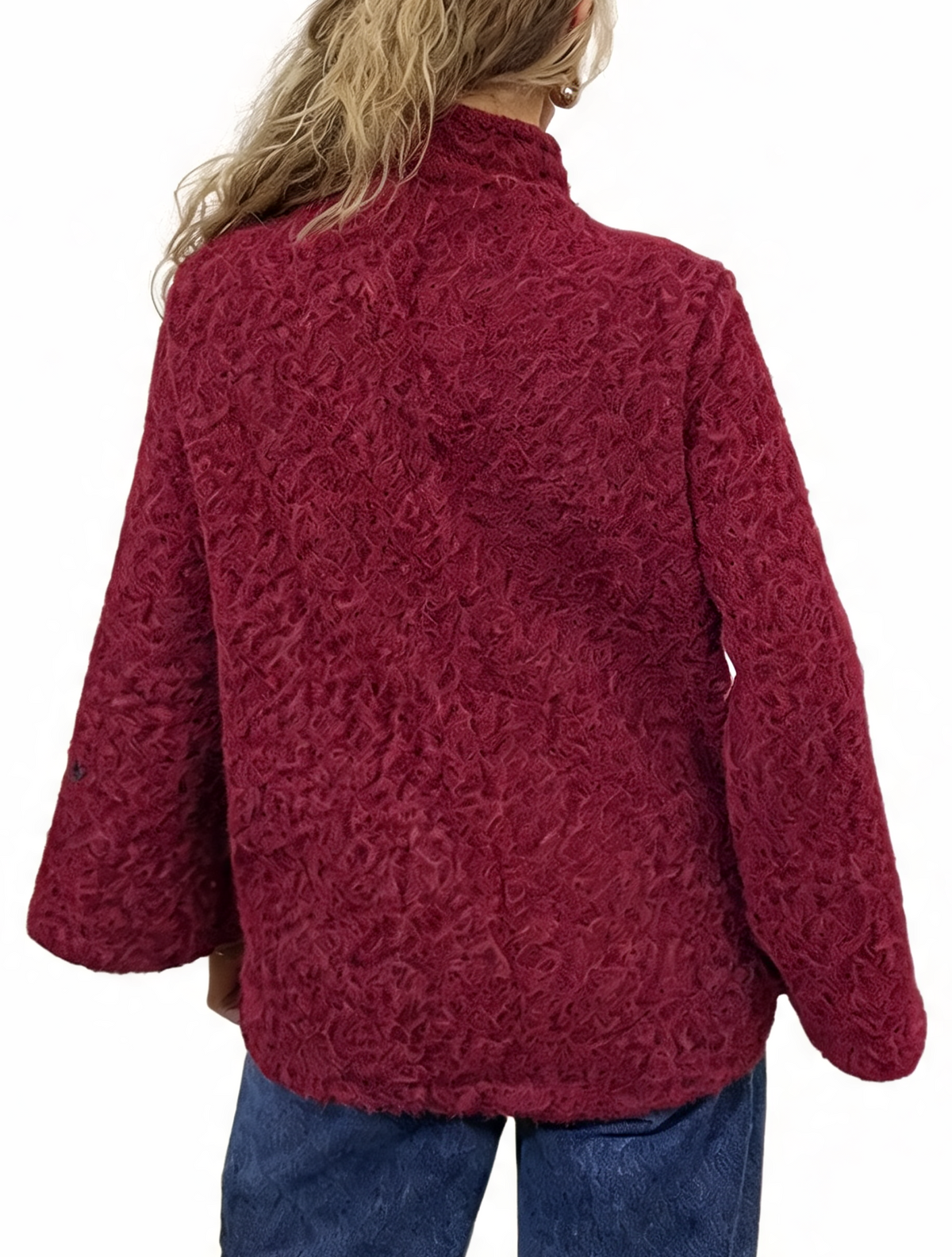 Women’s textured teddy swing coat, burgundy red back view, funnel neck, flared sleeves