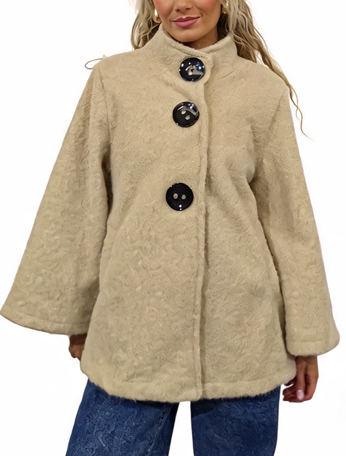 Beige textured teddy swing coat with funnel neck and oversized button front