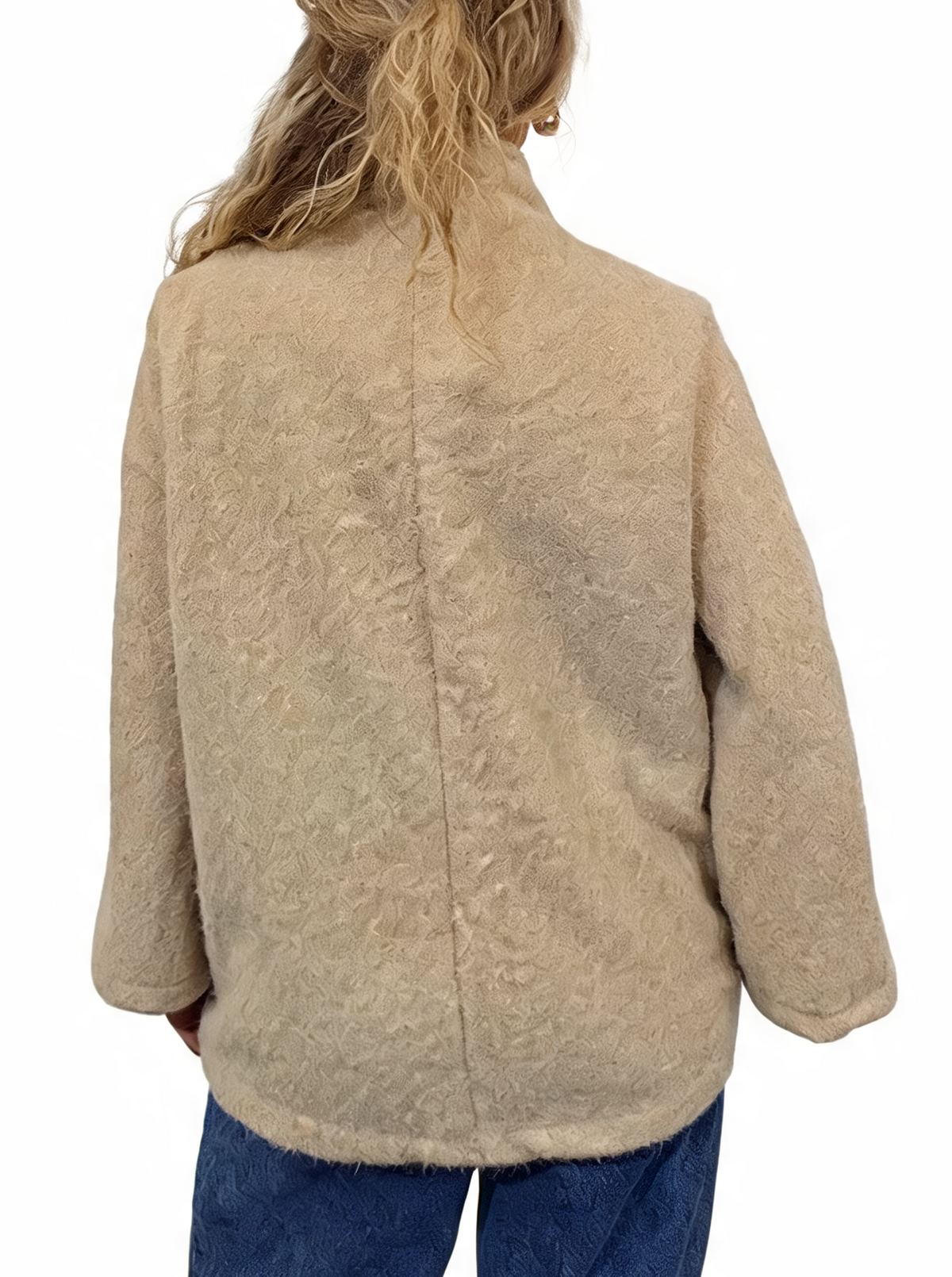 Beige textured teddy swing coat back view with funnel neck seam details