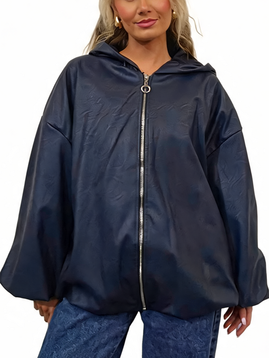 Faux Leather Hooded  Zip-Up Balloon Sleeve Bomber Style Jacket