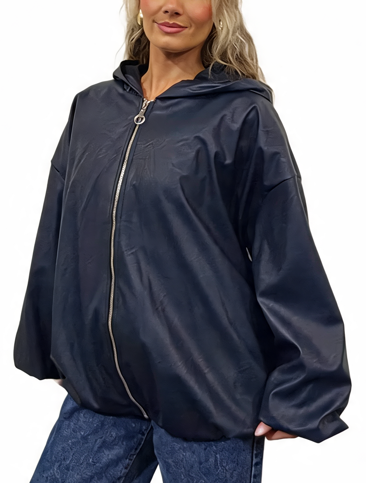Faux Leather Hooded  Zip-Up Balloon Sleeve Bomber Style Jacket