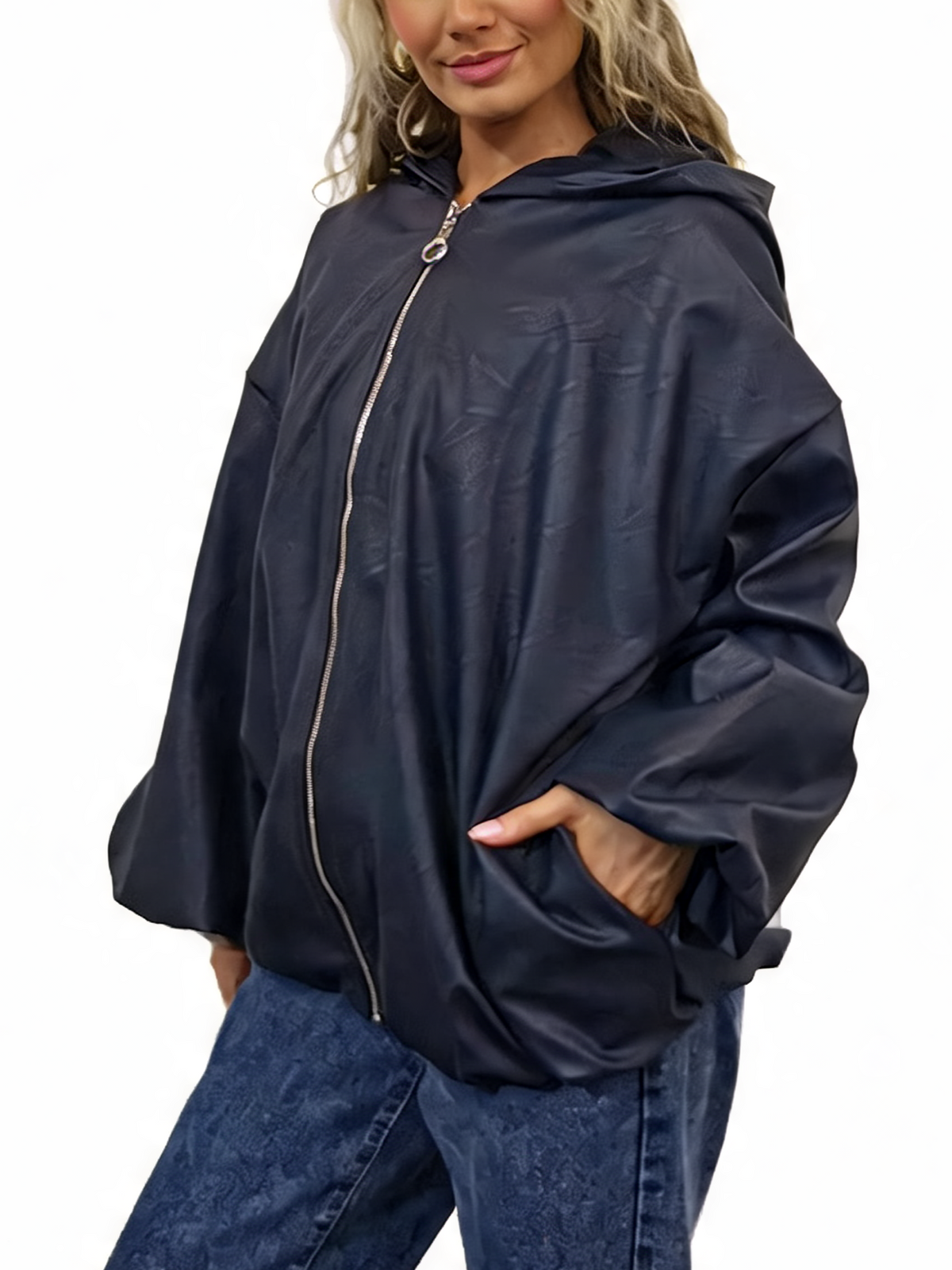 Faux Leather Hooded  Zip-Up Balloon Sleeve Bomber Style Jacket