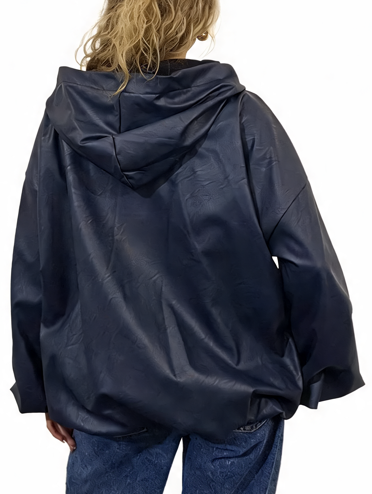 Faux Leather Hooded  Zip-Up Balloon Sleeve Bomber Style Jacket