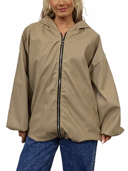 Faux Leather Hooded  Zip-Up Balloon Sleeve Bomber Style Jacket