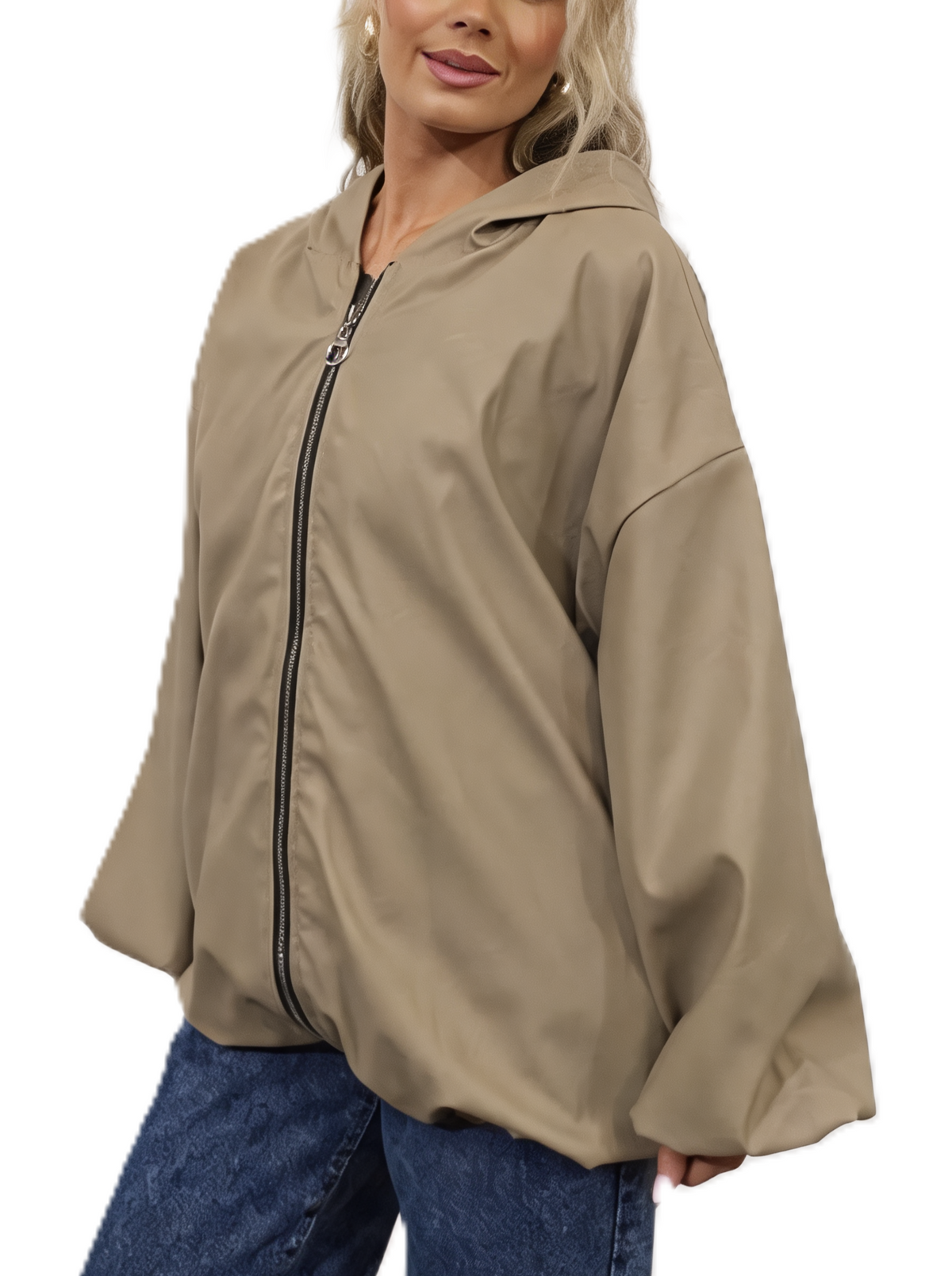 Faux Leather Hooded  Zip-Up Balloon Sleeve Bomber Style Jacket