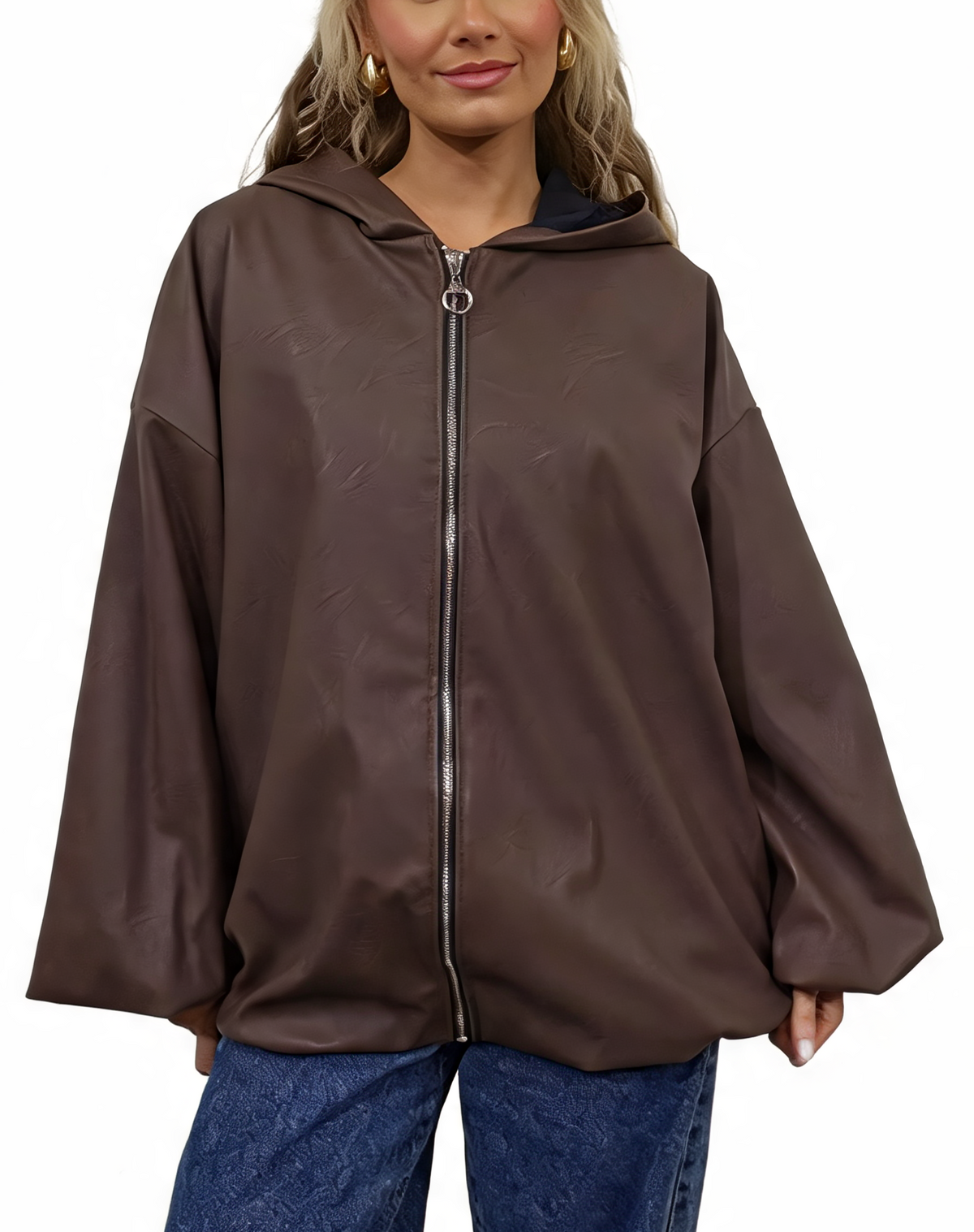 Faux Leather Hooded  Zip-Up Balloon Sleeve Bomber Style Jacket
