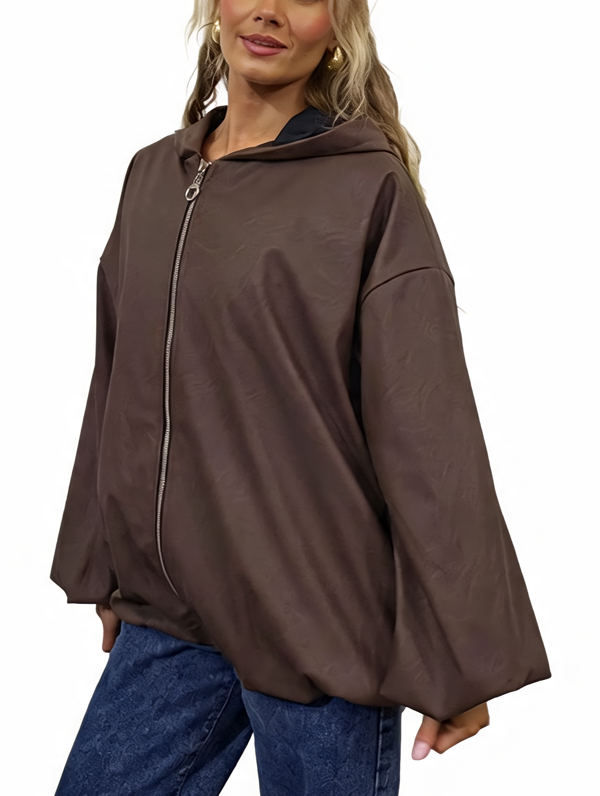 Faux Leather Hooded  Zip-Up Balloon Sleeve Bomber Style Jacket