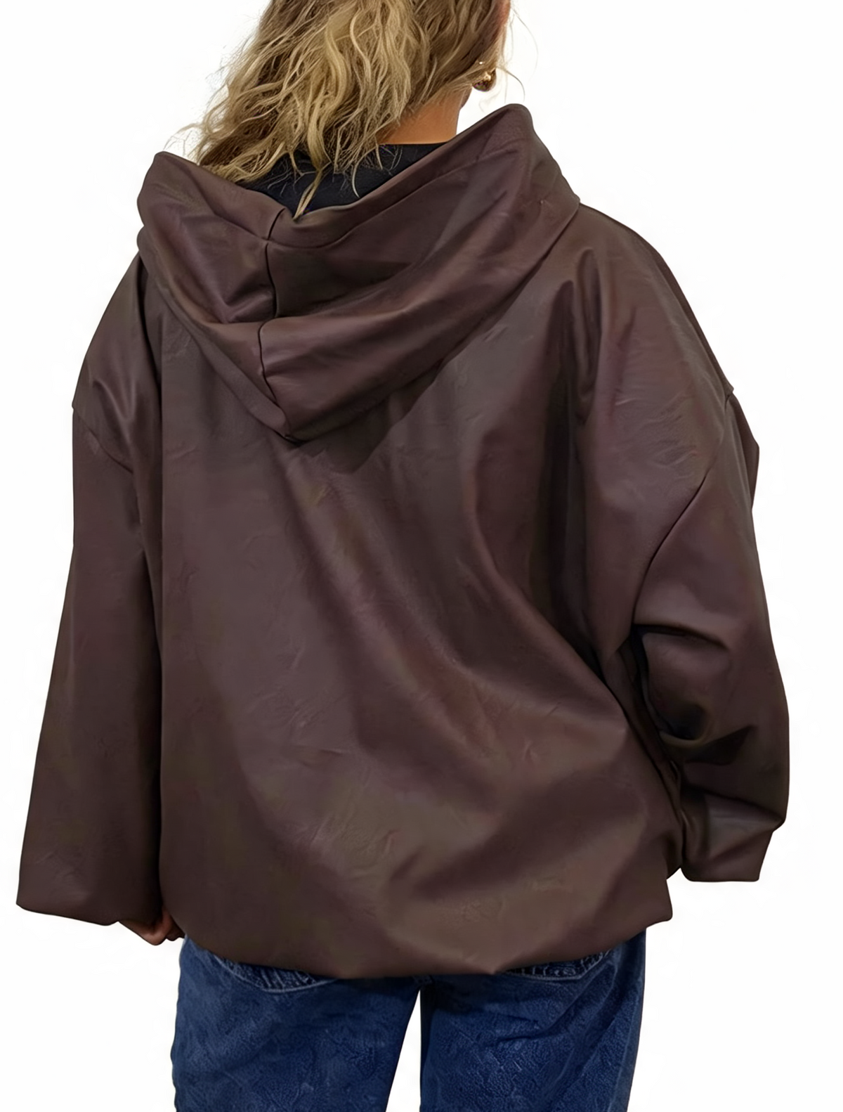 Faux Leather Hooded  Zip-Up Balloon Sleeve Bomber Style Jacket