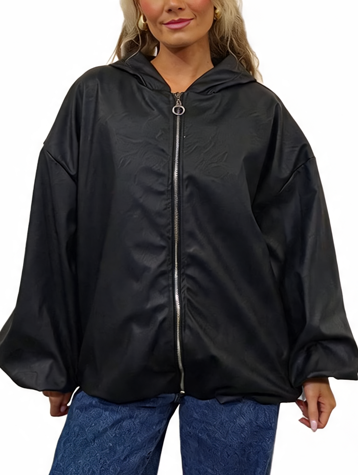 Faux Leather Hooded  Zip-Up Balloon Sleeve Bomber Style Jacket