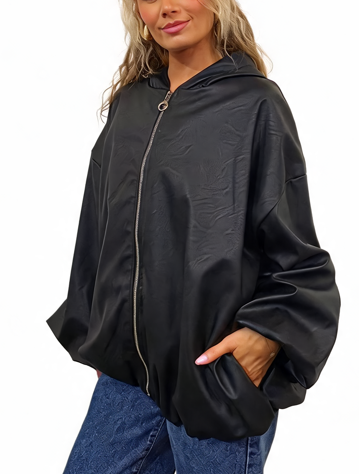 Faux Leather Hooded  Zip-Up Balloon Sleeve Bomber Style Jacket
