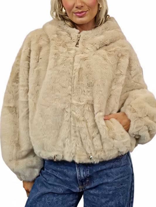 Cropped Faux Fur Hooded Jacket Fluffy Plush Zip-Up Bomber Style Teddy Coat