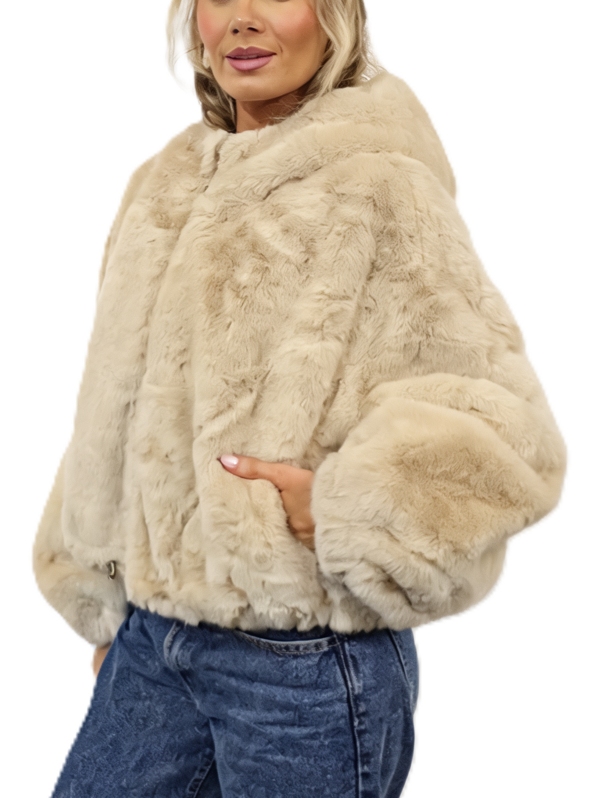 Cropped Faux Fur Hooded Jacket Fluffy Plush Zip-Up Bomber Style Teddy Coat