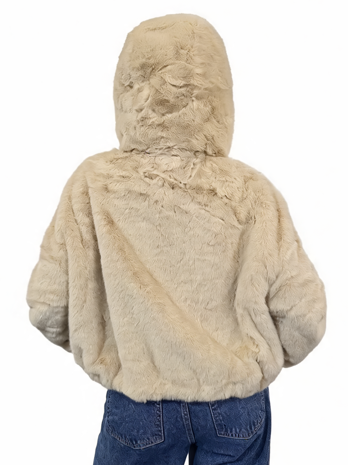 Cropped Faux Fur Hooded Jacket Fluffy Plush Zip-Up Bomber Style Teddy Coat