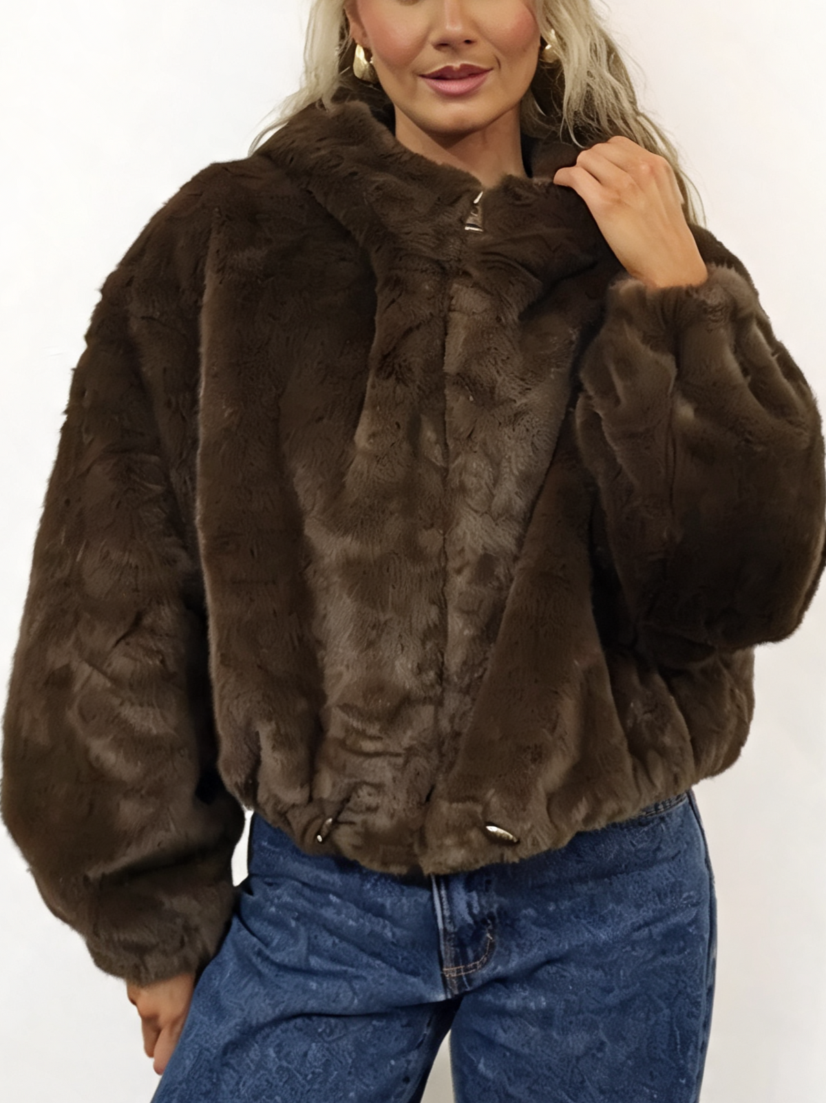 Brown faux fur hooded cropped zip-up jacket, plush teddy style
