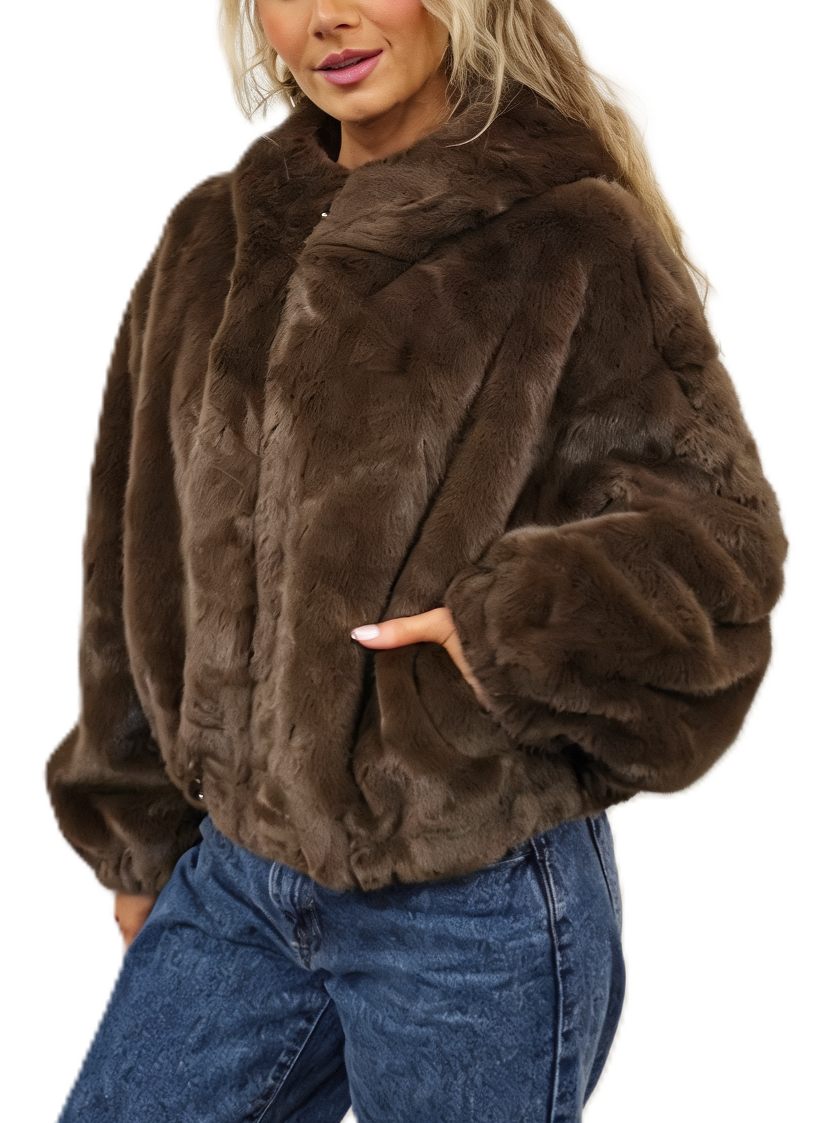 Cropped Faux Fur Hooded Jacket Fluffy Plush Zip-Up Bomber Style Teddy Coat