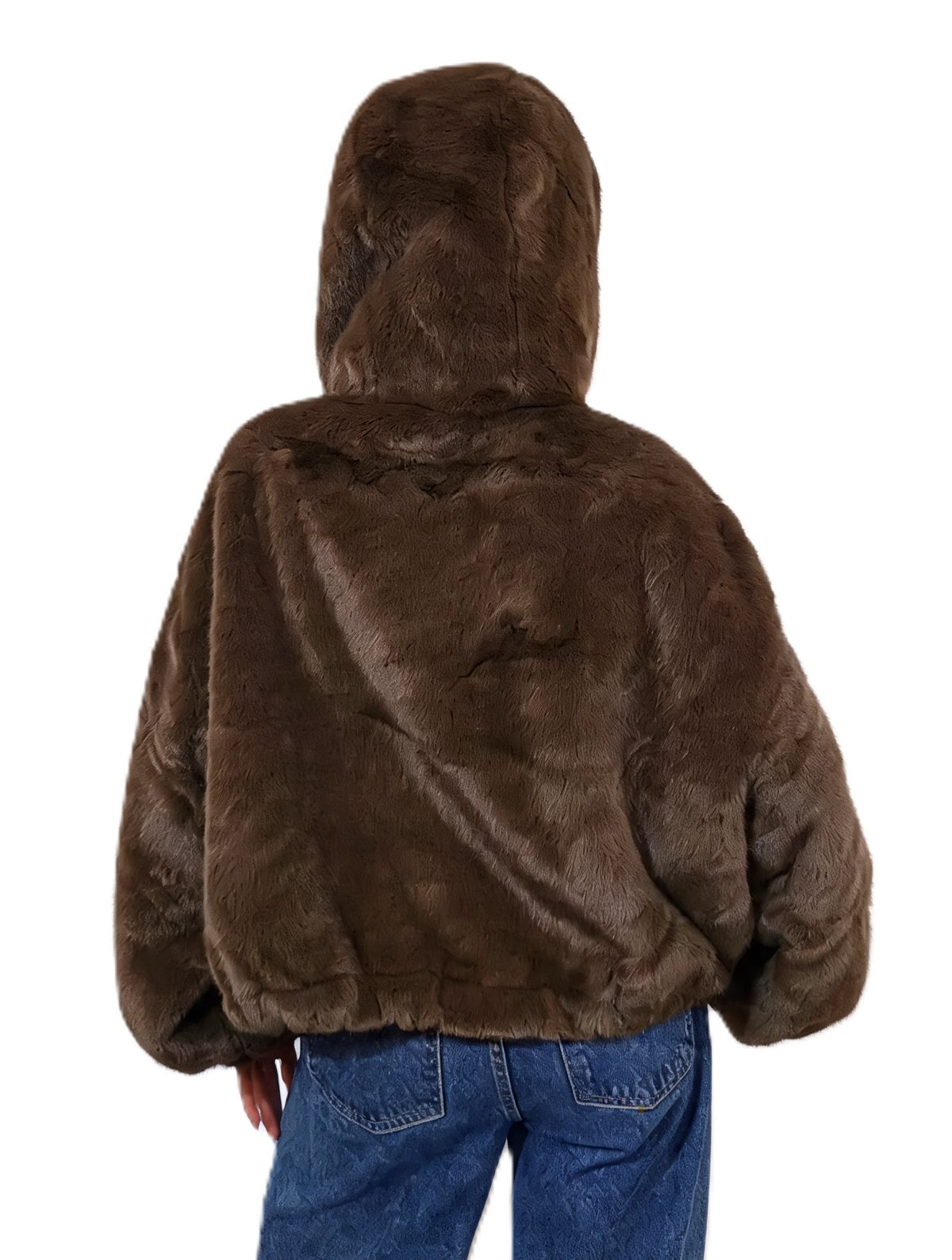 Cropped Faux Fur Hooded Jacket Fluffy Plush Zip-Up Bomber Style Teddy Coat
