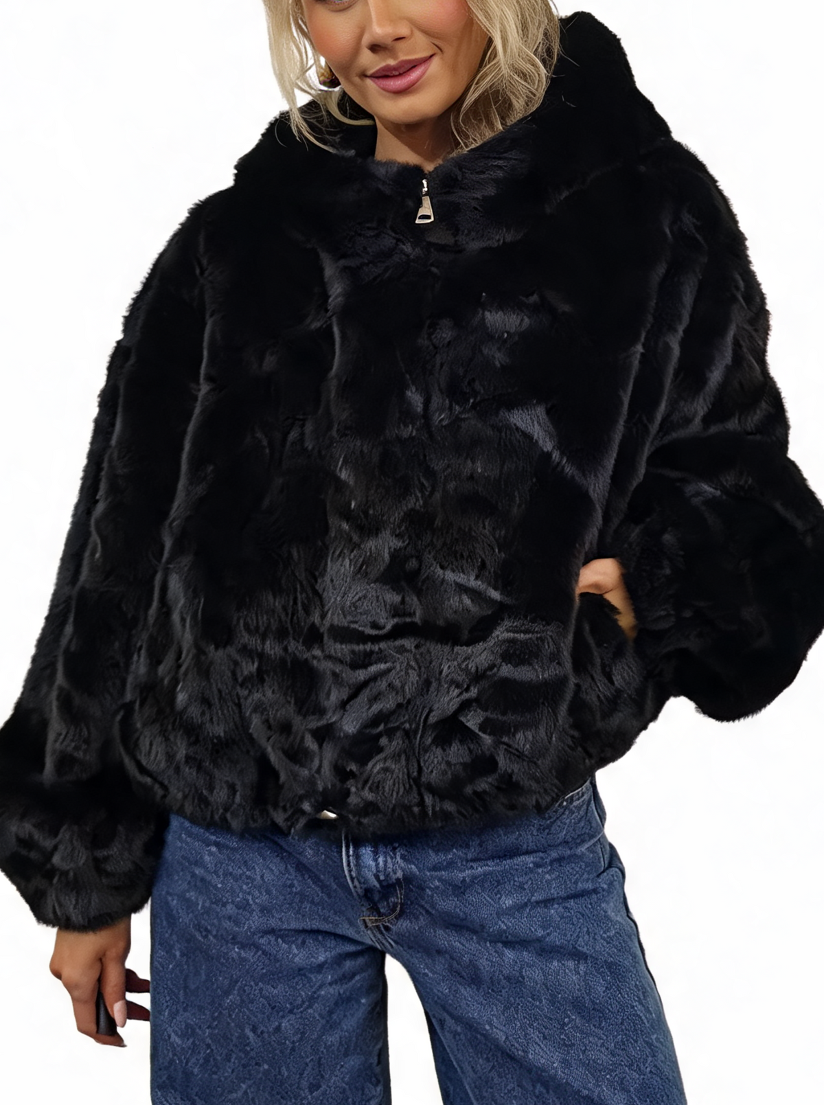 Cropped Faux Fur Hooded Jacket Fluffy Plush Zip-Up Bomber Style Teddy Coat