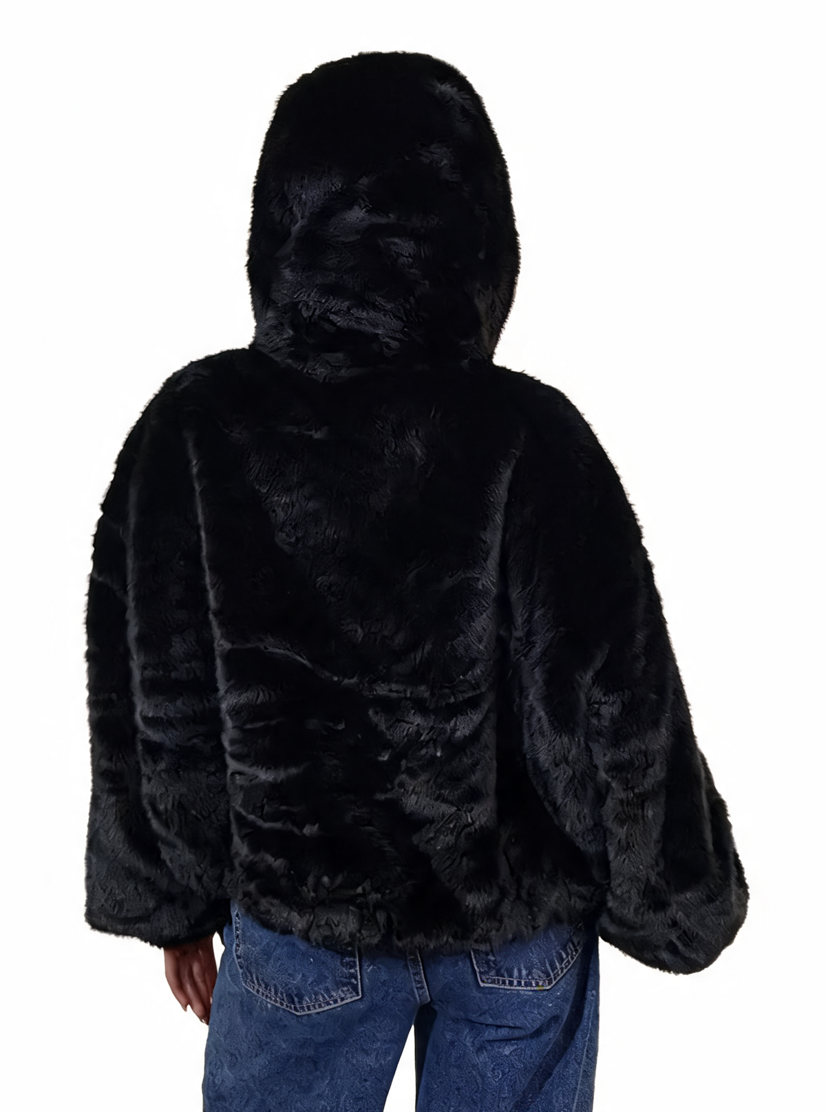 Cropped Faux Fur Hooded Jacket Fluffy Plush Zip-Up Bomber Style Teddy Coat