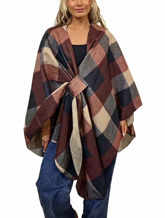 Check Poncho Wrap Reversible Buckle Front Open Cape Shawl Cloak