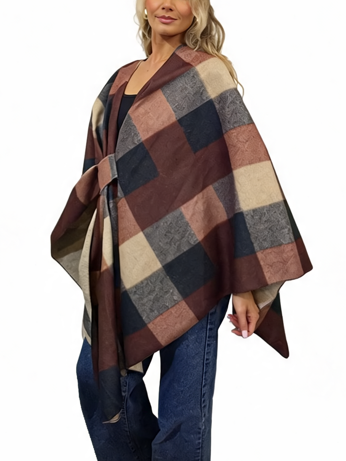 Check Poncho Wrap Reversible Buckle Front Open Cape Shawl Cloak
