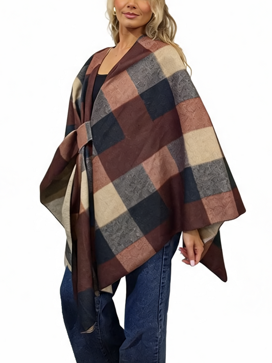 Check Poncho Wrap Reversible Buckle Front Open Cape Shawl Cloak