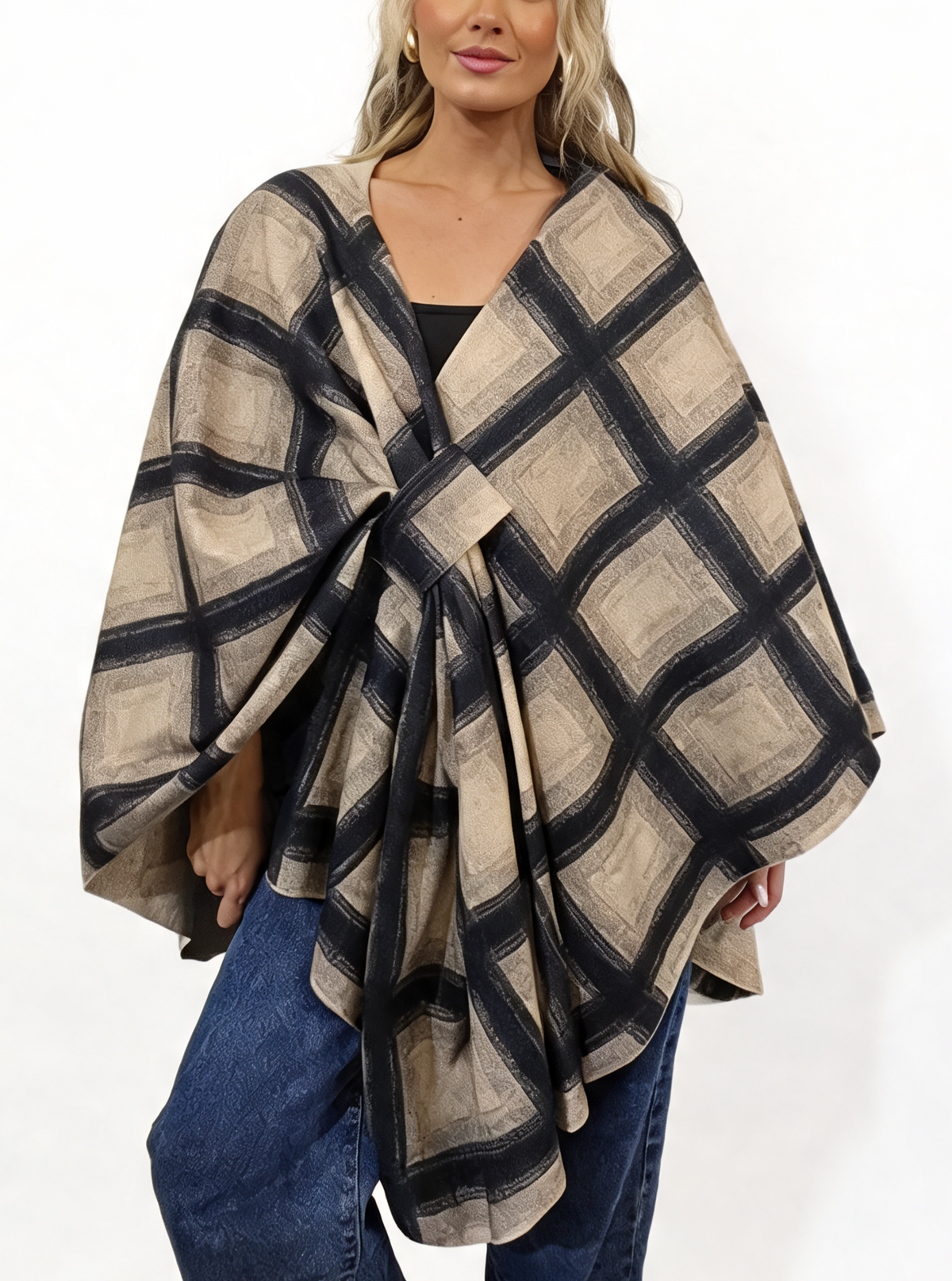 Oversized Diamond Print Poncho Wrap