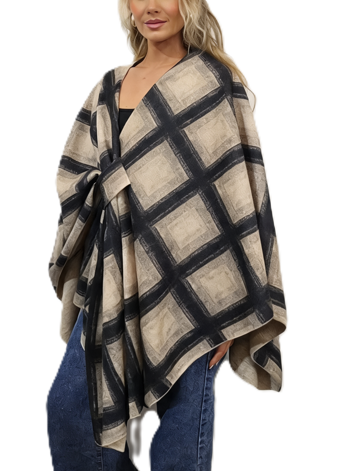 Oversized Diamond Print Poncho Wrap