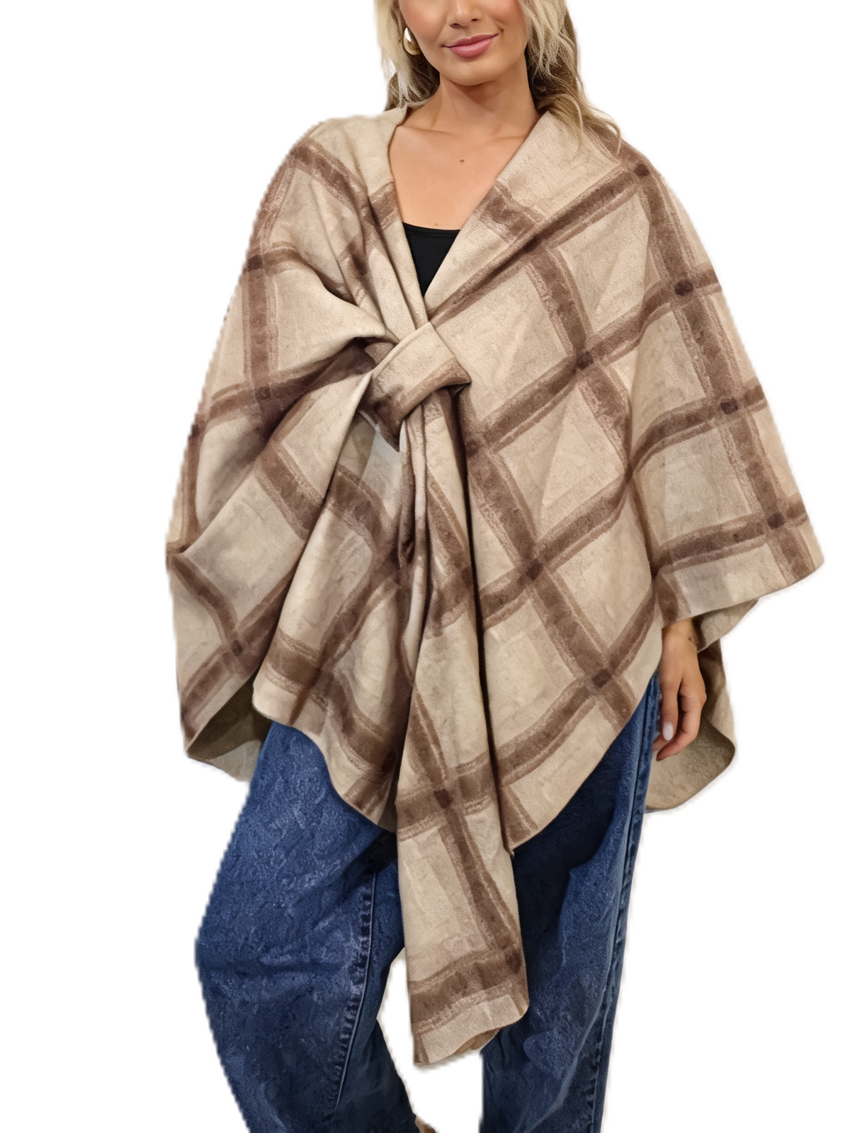 Oversized Diamond Print Poncho Wrap