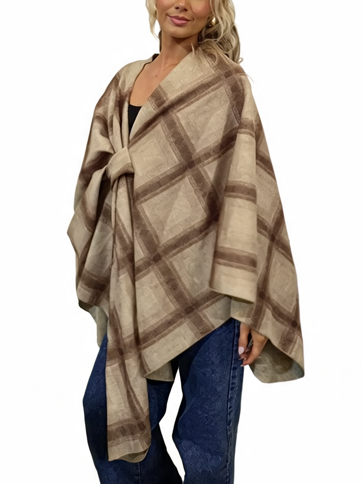 Oversized Diamond Print Poncho Wrap