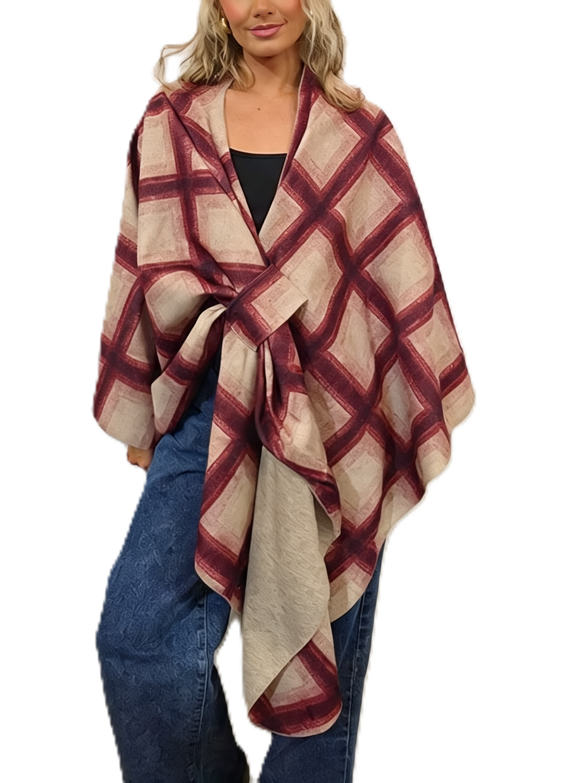 Oversized Diamond Print Poncho Wrap