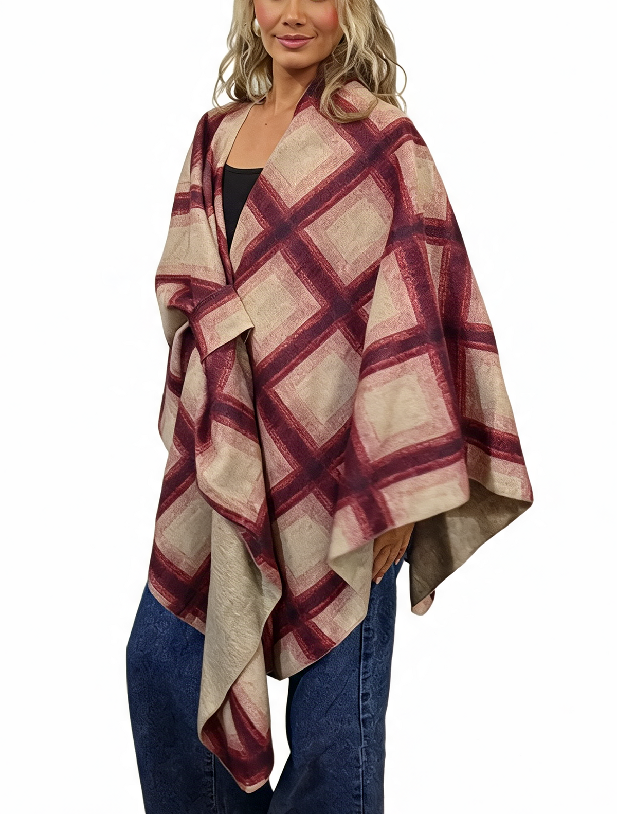 Oversized Diamond Print Poncho Wrap