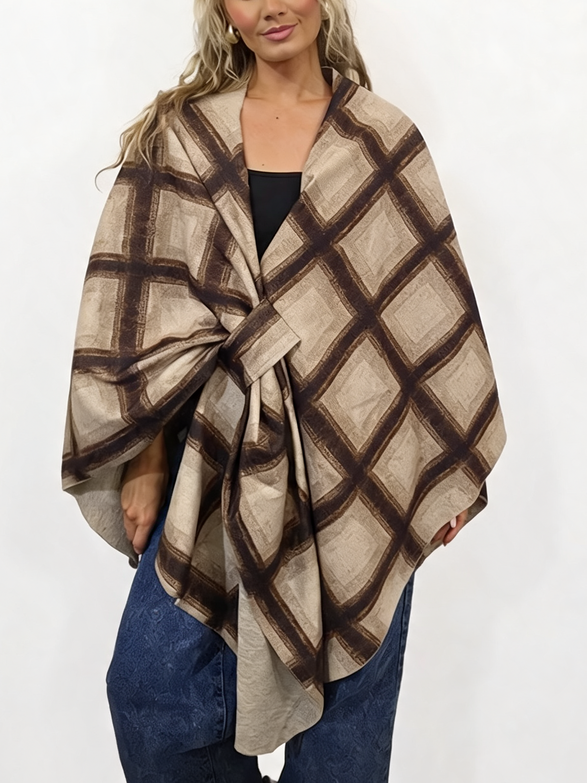 Oversized Diamond Print Poncho Wrap