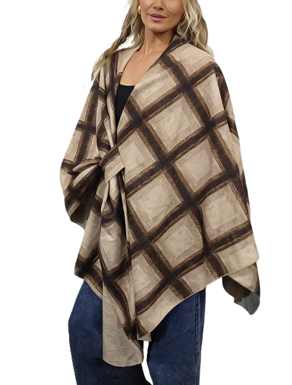 Oversized Diamond Print Poncho Wrap