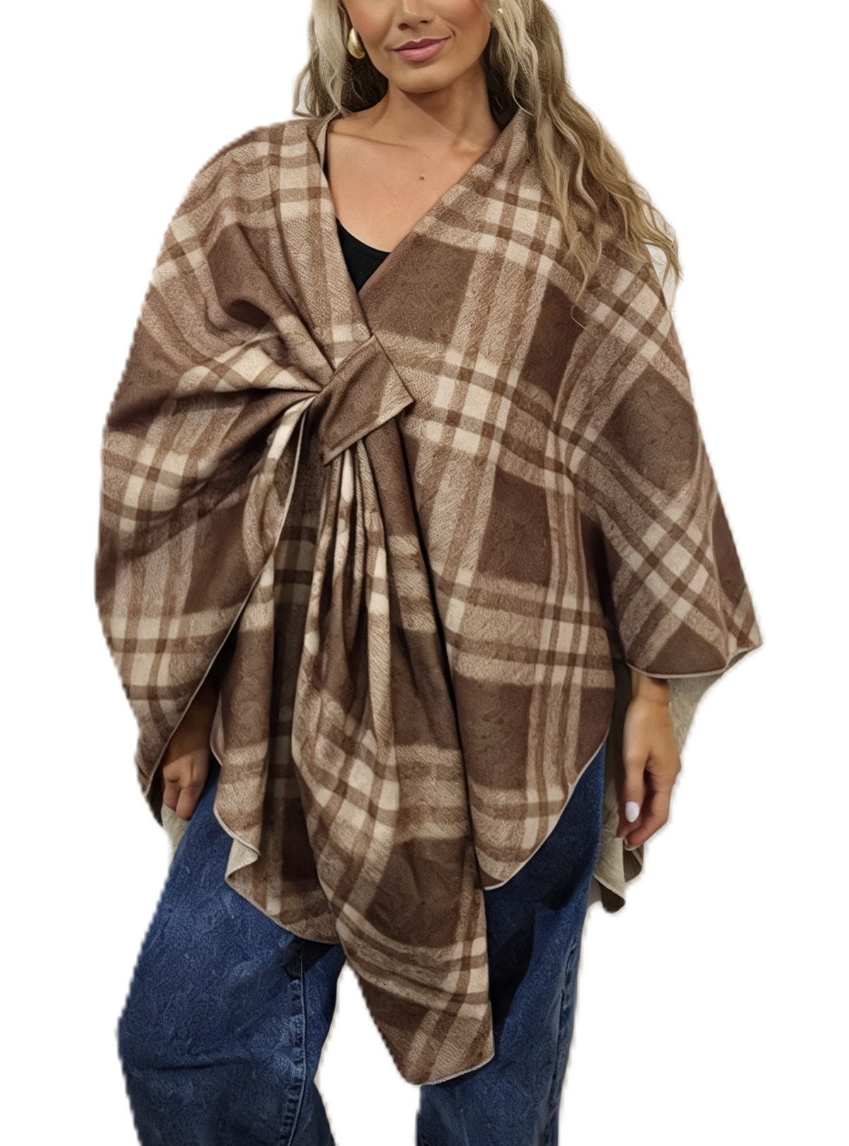 Tartan Check Poncho Wrap with Belt Loop Fastening
