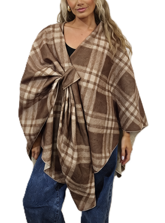 Tartan Check Poncho Wrap with Belt Loop Fastening