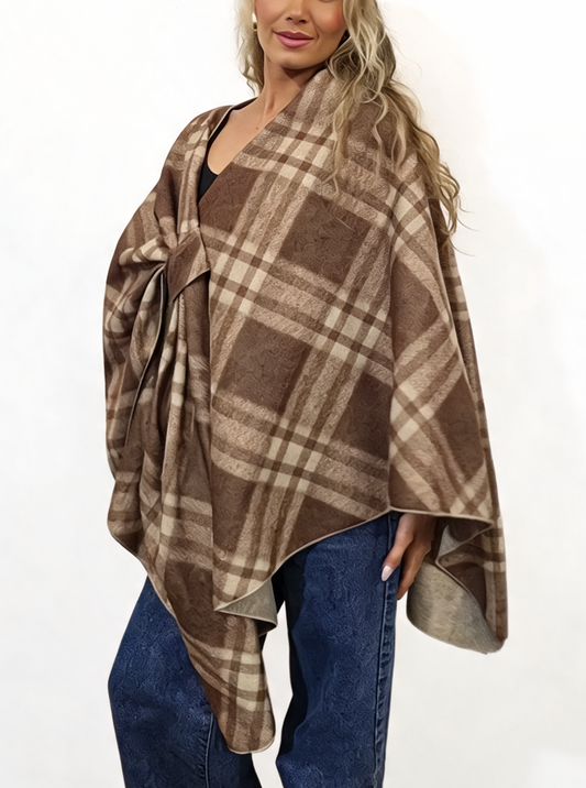 Tartan Check Poncho Wrap with Belt Loop Fastening