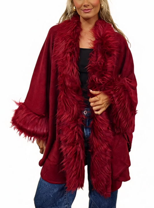 Oversized Faux Fur Trim Cape Open Front Poncho Wrap Shawl Cloak with Fluffy Collar and Cuffs