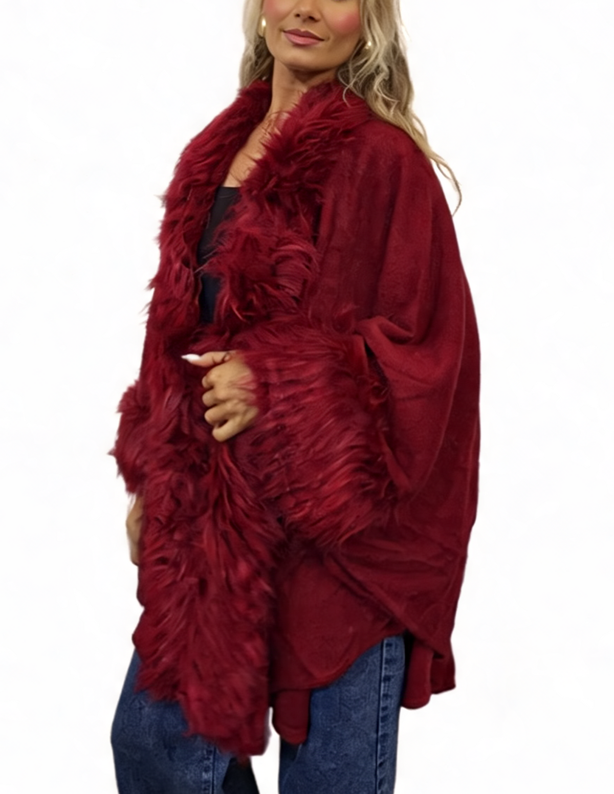 Oversized Faux Fur Trim Cape Open Front Poncho Wrap Shawl Cloak with Fluffy Collar and Cuffs