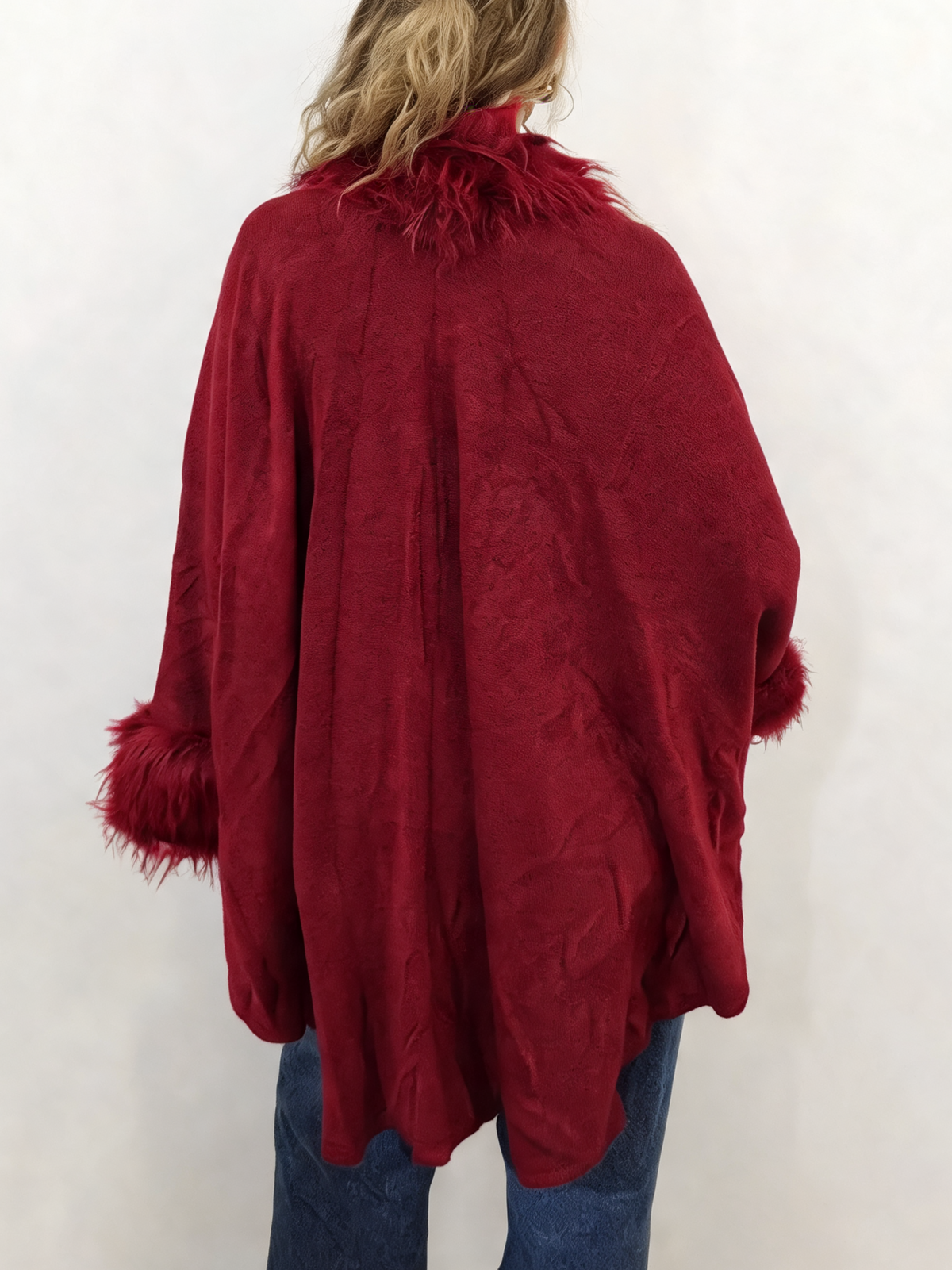 Oversized Faux Fur Trim Cape Open Front Poncho Wrap Shawl Cloak with Fluffy Collar and Cuffs
