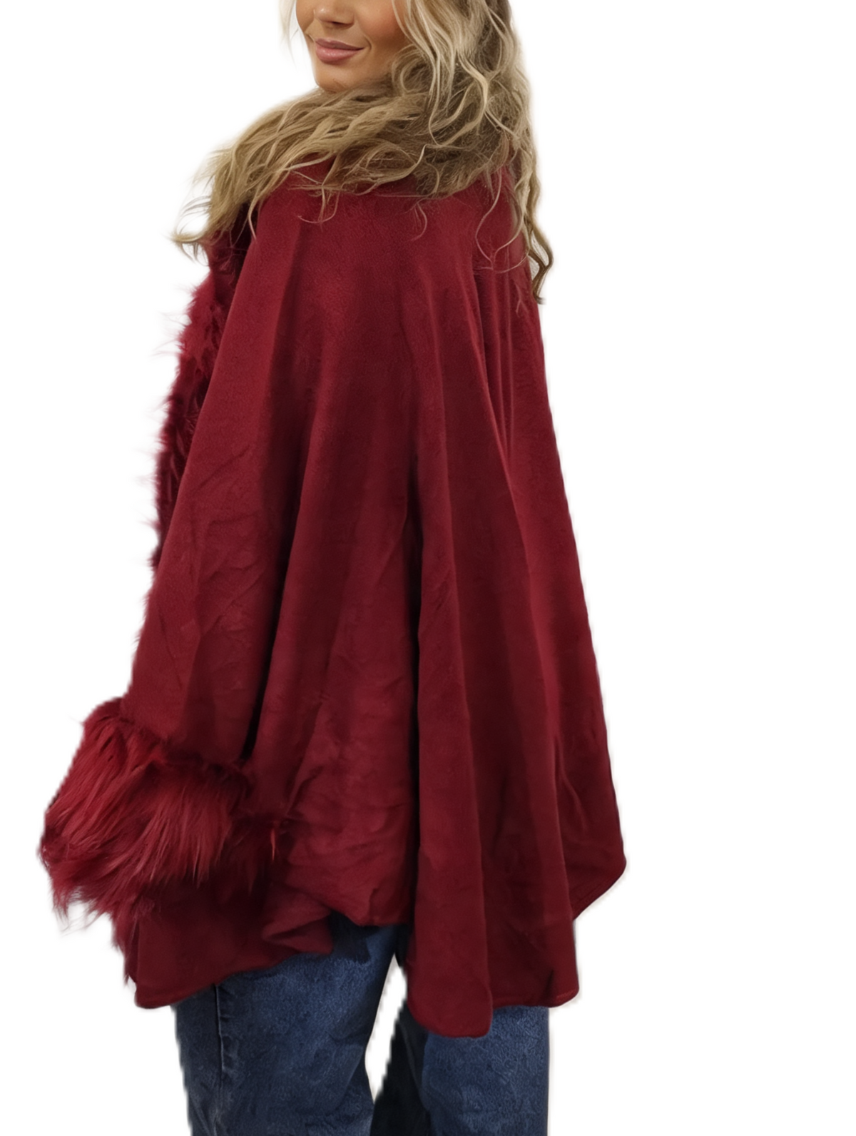 Oversized Faux Fur Trim Cape Open Front Poncho Wrap Shawl Cloak with Fluffy Collar and Cuffs