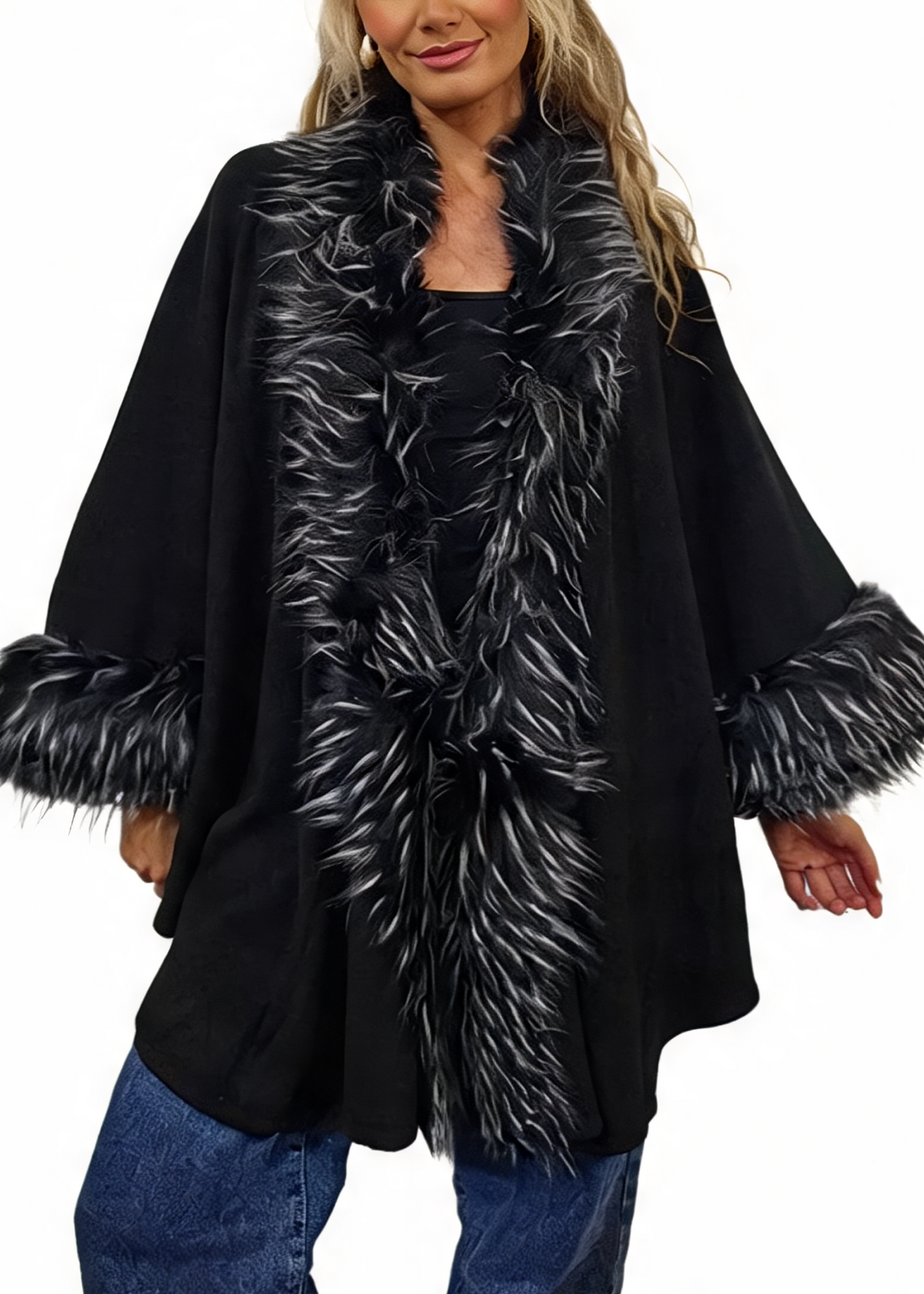 Oversized Faux Fur Trim Cape Open Front Poncho Wrap Shawl Cloak with Fluffy Collar and Cuffs