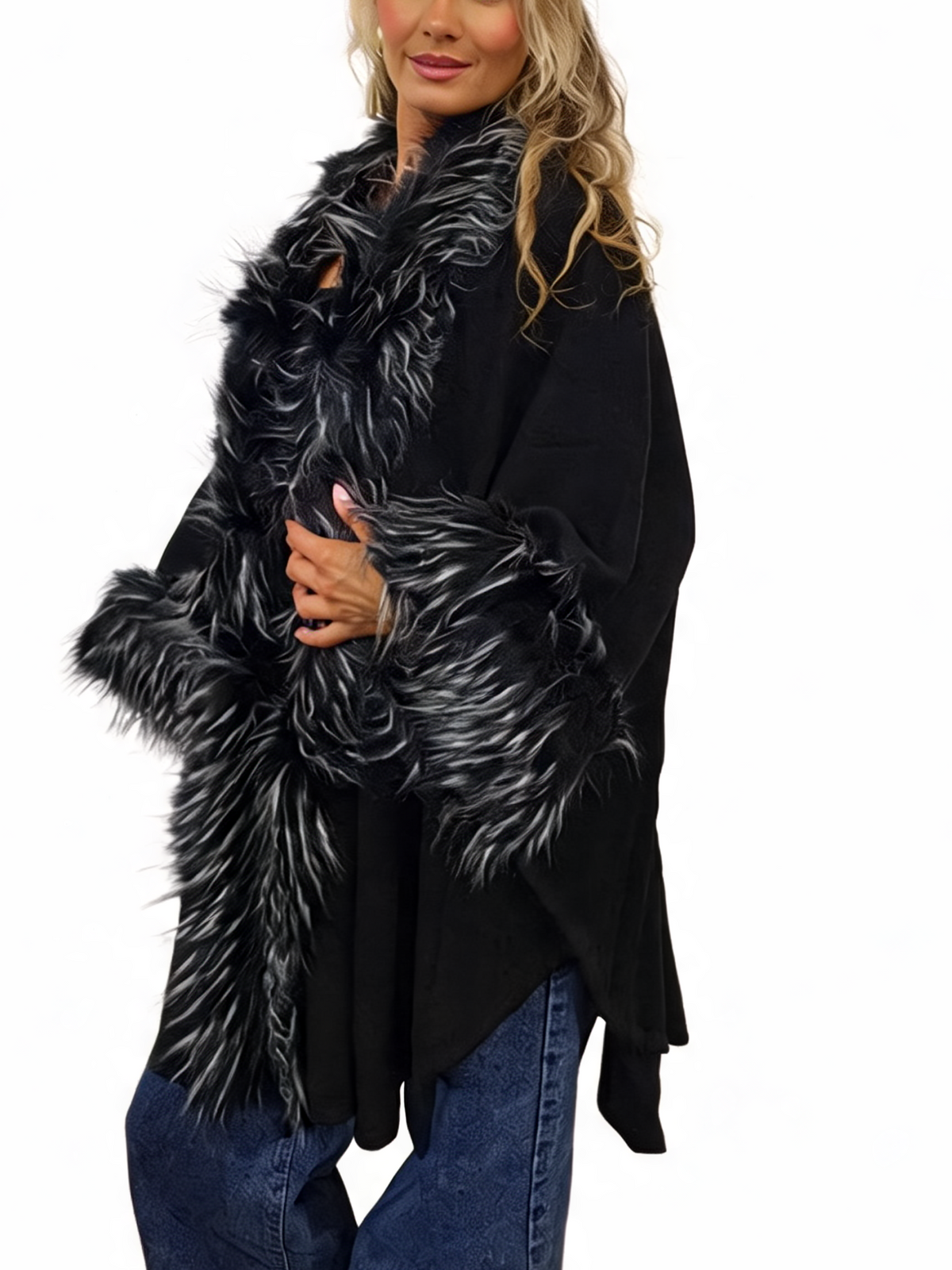 Oversized Faux Fur Trim Cape Open Front Poncho Wrap Shawl Cloak with Fluffy Collar and Cuffs
