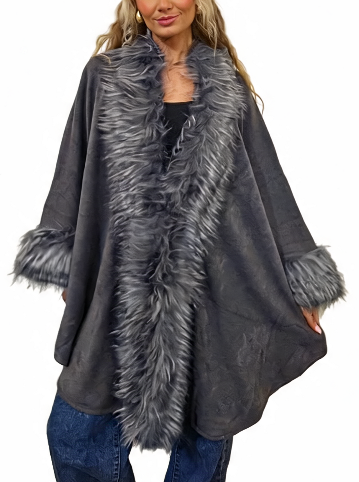 Oversized Faux Fur Trim Cape Open Front Poncho Wrap Shawl Cloak with Fluffy Collar and Cuffs