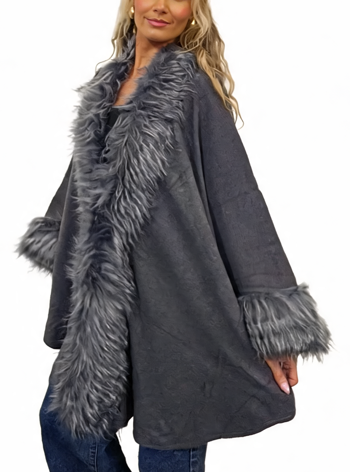 Oversized Faux Fur Trim Cape Open Front Poncho Wrap Shawl Cloak with Fluffy Collar and Cuffs