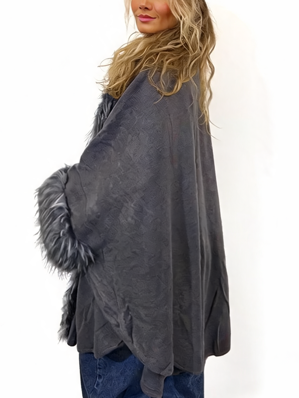 Oversized Faux Fur Trim Cape Open Front Poncho Wrap Shawl Cloak with Fluffy Collar and Cuffs
