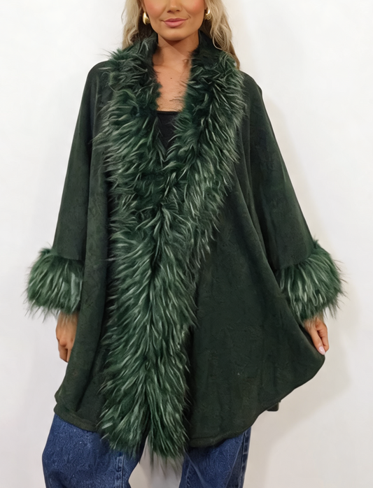 Oversized Faux Fur Trim Cape Open Front Poncho Wrap Shawl Cloak with Fluffy Collar and Cuffs