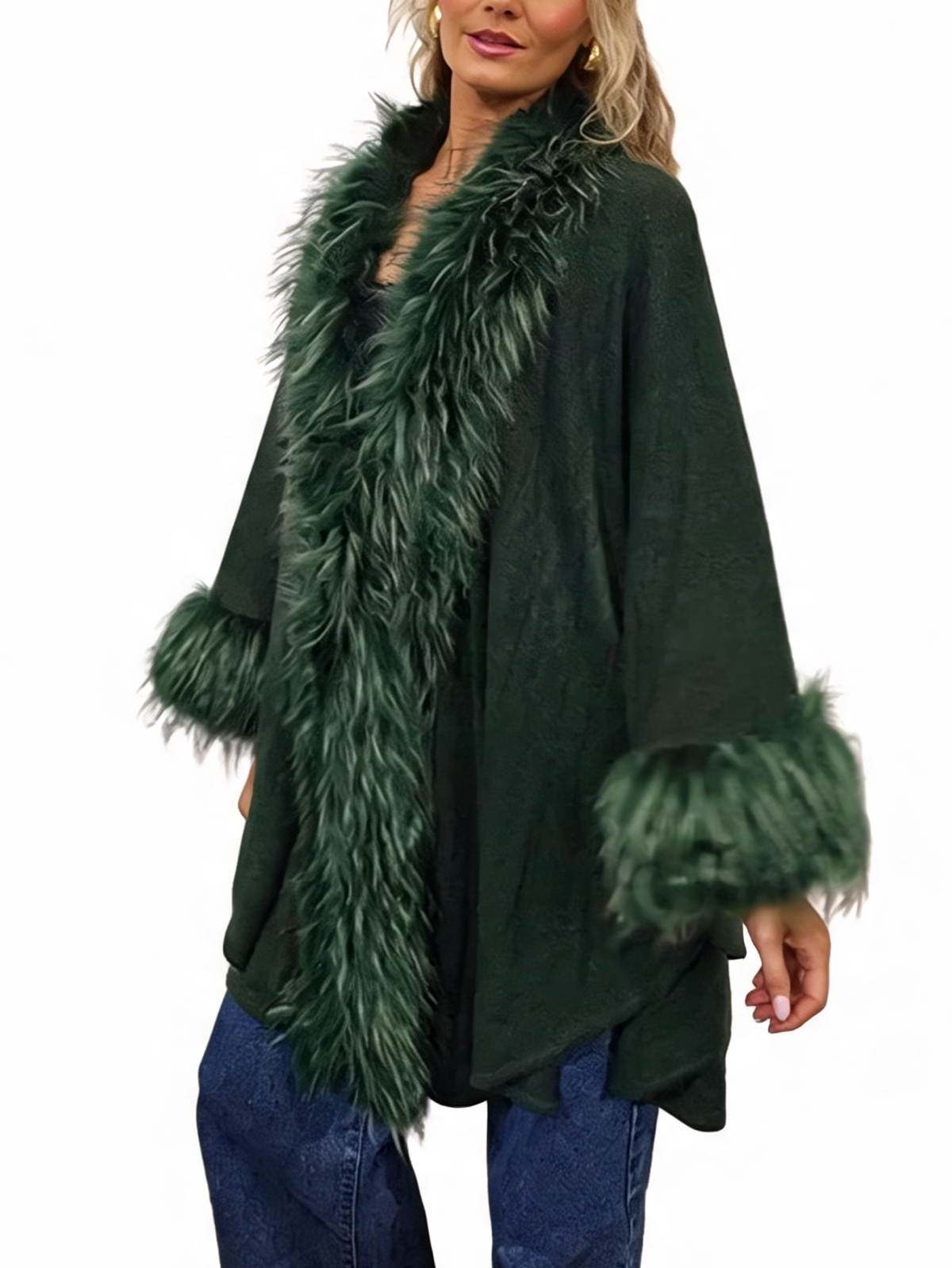 Oversized Faux Fur Trim Cape Open Front Poncho Wrap Shawl Cloak with Fluffy Collar and Cuffs